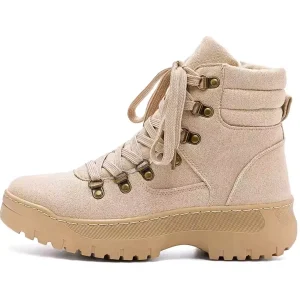Lightweight tan faux suede ankle boots for women and men, with lace-up design, thick rubber sole, metal eyelets, padded collar, and stitched details; casual style snow boots available for OEM & ODM customization. Photographed on white background.