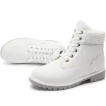 2025 Light Weight Warm Ankle Boots for men and women feature textured collars, thick rubber soles, white lace-up design, and are shown on a plain background—available for OEM/ODM winter mountain snow boots wholesale customization.