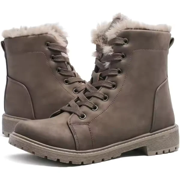 Snow Casual Ankle Boots for Men and Women, 2025 new style with brown leather, lace-up design, faux fur lining, rugged rubber soles; OEM/ODM customization available.