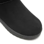 Close-up of the front part of Hot Selling Winter Leather Boots Ankle Shoes Woman, showing black suede with visible stitching on the sole, photographed on a white background—ideal for OEM ODM customization.