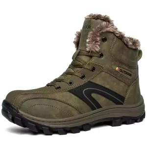 Factory Warm Anti-slip Breathable Snow Boots: men's brown lace-up winter boots with black accents, fur lining, rugged wear-resistant rubber sole, and "OUTDOOR" branding. OEM/ODM customization available for cold weather footwear.