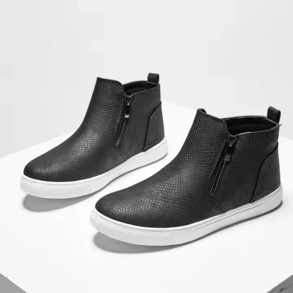 2025 New Black Beige Snake Leopard Ankle Boots—women's winter leather boots displayed on a white surface, available for OEM or ODM customization.