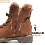 Close-up of Snow Casual Ankle Boots for Men Leather Women Boots 2025 New Style, showing fur lining and side zipper with arrows for easy on/off. OEM ODM available for custom solutions.