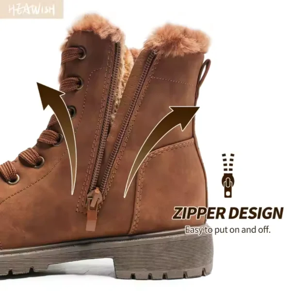Close-up of Snow Casual Ankle Boots for Men Leather Women Boots 2025 New Style, showing fur lining and side zipper with arrows for easy on/off. OEM ODM available for custom solutions.