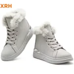 A pair of New Arrivals Classic Lace-Up Hiking Combat Boots for women in light gray with white faux fur lining—ideal for OEM ODM customization to match your brand’s unique style. Suitable as winter snow ankle boots for ladies, 2025 collection.