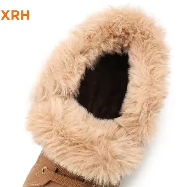 A close-up of the opening of tan New Arrivals Classic Lace Up Hiking Combat Boots for women, lined with thick light brown faux fur. OEM/ODM options are available. "XRH" in orange appears at the top left corner.