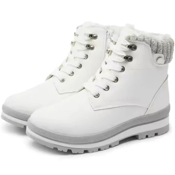 A pair of high-quality wholesale customized winter leather lace-up snow boots for women and men, featuring white uppers, gray soles, and knitted gray cuffs, displayed on a plain white background.