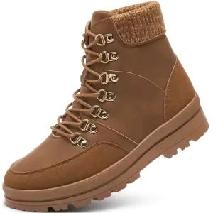 2025 Lightweight Hiking Boots: Ladies’ fashion winter snow boots with platform heels, textured ankle collar, sturdy rubber sole, and metal eyelets. OEM/ODM and custom logo options available for men’s and women’s orders.