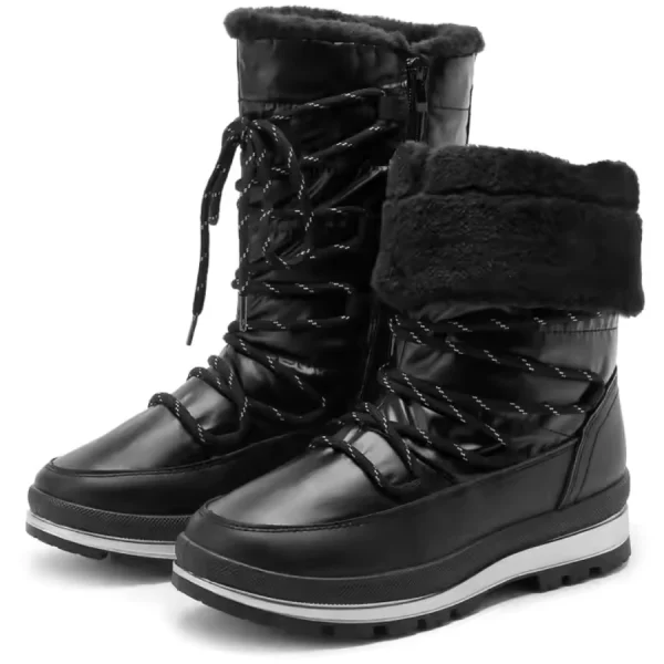 Wholesale fashion chestnut snow boots for women with fur collar, thick non-slip soles, and lace-up design. Warm winter boots available for OEM/ODM customization.