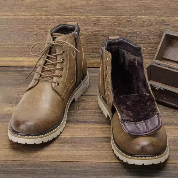 A pair of Handmade Fashionable Winter Warm Ankle Boots Men's Shoes, vintage Roman style with white soles and dark fur lining, are shown on a wooden surface beside an open box; OEM/ODM options available.