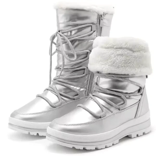 A pair of chestnut winter snow boots for women with fur collars, thick non-slip soles, lace-up fronts—perfect for OEM ODM customization.