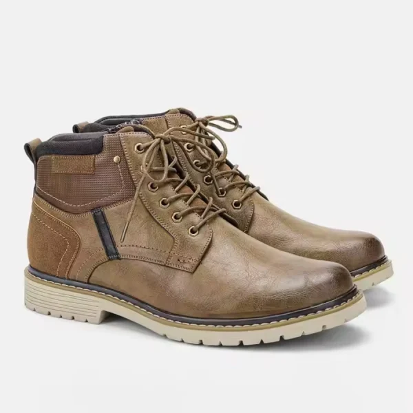 Handmade fashionable winter warm ankle boots for men in vintage Roman style, featuring stitching details and padded collars—ideal for OEM/ODM customization. Showcased on a plain white background.