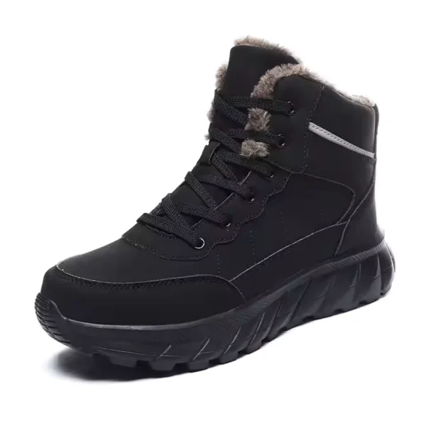 The High Quality 2024 Men Custom Lace Up Ankle Snow Boots feature a thick sole, faux fur ankle lining, and black laces—ideal for OEM/ODM customization—shown on a white background.