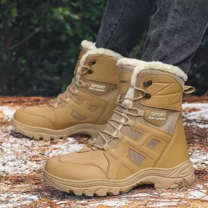 A person wearing Wholesale Customized New Winter Outdoor Laced Large Size Warm Snow Boots High Top Rubber Men's Shoes stands on a forest floor with patches of snow and pine needles.