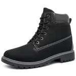 Women Snow High Top Mountain Climbing Ankle Boots feature anti-slip rugged soles, white stitching, padded collar, six metal eyelets, and lace-up design. Outdoor leather boots for women available for OEM and ODM.