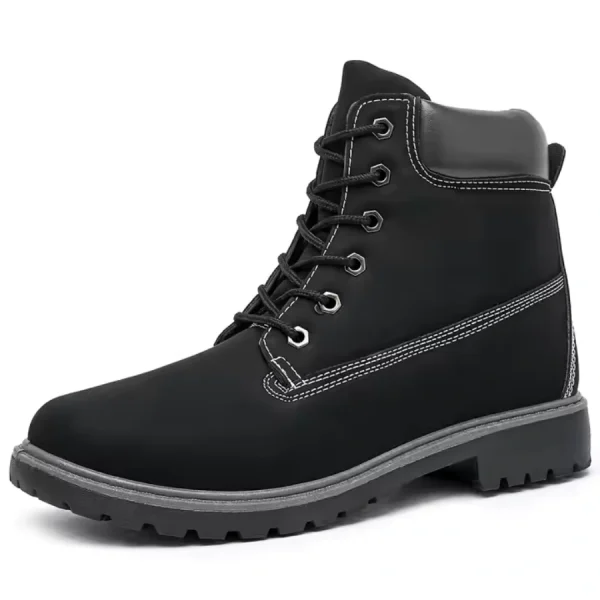 Women Snow High Top Mountain Climbing Ankle Boots feature anti-slip rugged soles, white stitching, padded collar, six metal eyelets, and lace-up design. Outdoor leather boots for women available for OEM and ODM.