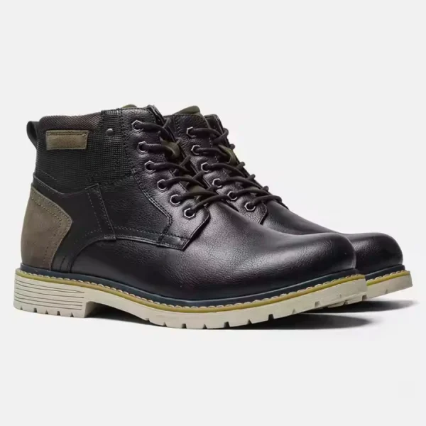 A pair of handmade fashionable winter warm men's ankle boots in vintage Roman style, designed for snow and hiking, featuring lace-up leather, textured soles, side stitching, and contrast ankle material—OEM/ODM customization available.