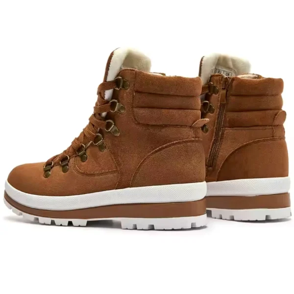 A pair of brown OEM & ODM high-top women’s snow ankle boots with white soles, metal eyelets, side zippers, and padded cuffs, shown from the side and rear on a white background. Wholesale classic hiking style. Made in PRC.