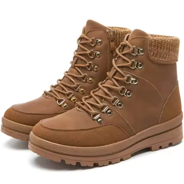 A pair of 2025 Lightweight Hiking Boots with platform heels, textured rubber soles, and knitted cuffs, designed for winter outdoor use. Available for OEM/ODM with custom logo options for men and women.