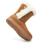 Hot Selling Winter Leather Boots Ankle Shoes for women in tan suede with white faux fur trim, button accents, and a textured rubber sole. Stylish winter boots shown on white background. Available for OEM and ODM orders.