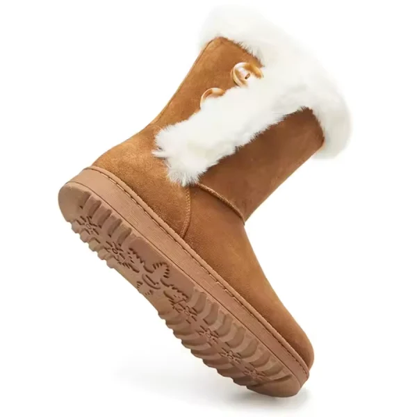 Hot Selling Winter Leather Boots Ankle Shoes for women in tan suede with white faux fur trim, button accents, and a textured rubber sole. Stylish winter boots shown on white background. Available for OEM and ODM orders.