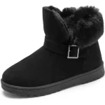 Warm Comfort Suede Boots—flat-soled women's snow boots with faux fur lining and buckle detail. Ideal for indoor/outdoor wear and available for OEM/ODM customization to suit your brand’s winter collection needs.