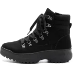 Shown from the side on a white background, these faux suede lace-up ankle boots feature a thick platform sole and metal eyelets. Lightweight snow boots for women and men—available for OEM/ODM customization.