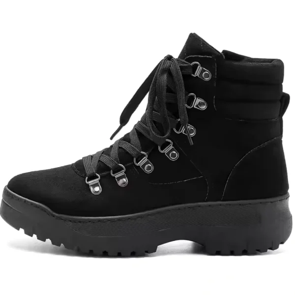 Shown from the side on a white background, these faux suede lace-up ankle boots feature a thick platform sole and metal eyelets. Lightweight snow boots for women and men—available for OEM/ODM customization.