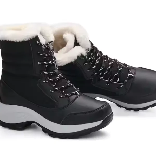 New Arrivals waterproof lace-up PU upper women's snow boots with fur lining and thick soles, shown on a white background—ideal for OEM & ODM customization.