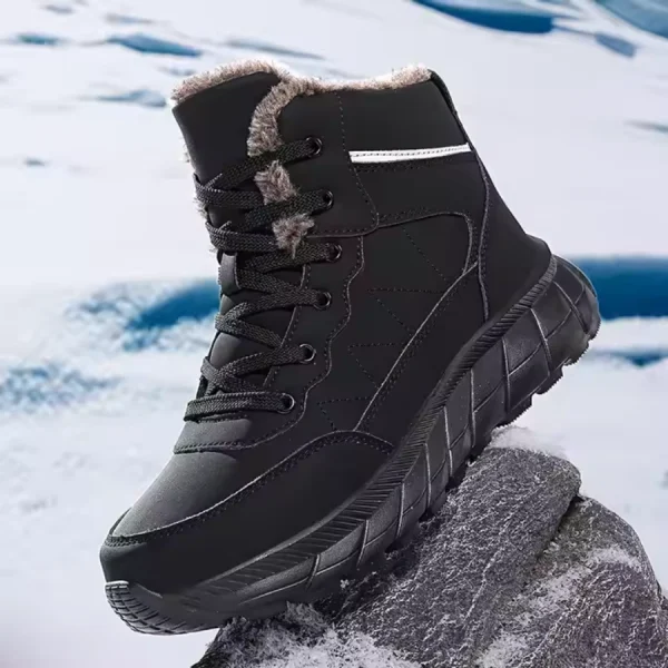 The High Quality 2024 Men Custom Lace up Ankle Snow Boots, featuring faux fur lining and thick tread sole for winter, is shown on a rock with snow in the background, available for OEM ODM customization.
