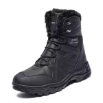 A single black laced high-top winter snow boot with a rugged sole, faux fur lining, and "SPORT MHL outdoor" label—ideal for OEM/ODM. Wholesale customized large size men's warm outdoor rubber shoes.