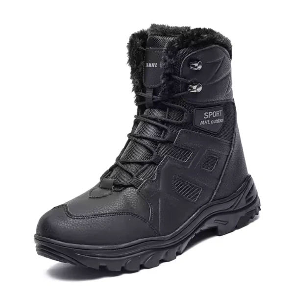 A single black laced high-top winter snow boot with a rugged sole, faux fur lining, and "SPORT MHL outdoor" label—ideal for OEM/ODM. Wholesale customized large size men's warm outdoor rubber shoes.