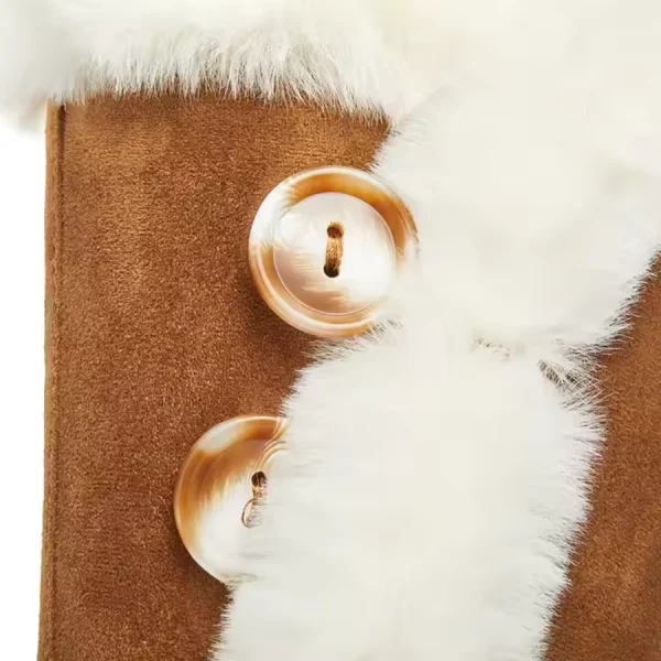Close-up of Hot Selling Winter Leather Boots Ankle Shoes for Women, featuring brown marbled buttons on tan suede with white faux fur trim, highlighting OEM ODM craftsmanship.