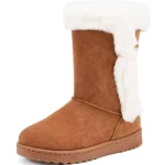 Wholesale Winter Boots for Women, snow waterproof and lightweight with warm lining, brown suede design, flat rubber sole, and white faux fur trim. Available for OEM and ODM customization.