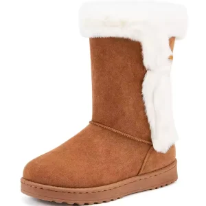 Wholesale Winter Boots for Women, snow waterproof and lightweight with warm lining, brown suede design, flat rubber sole, and white faux fur trim. Available for OEM and ODM customization.