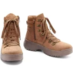 Lightweight faux suede lace-up ankle boots with thick rubber soles, side zippers, and metal eyelets shown on a white background—ideal for OEM/ODM customization. Casual style snow boots for women and men.