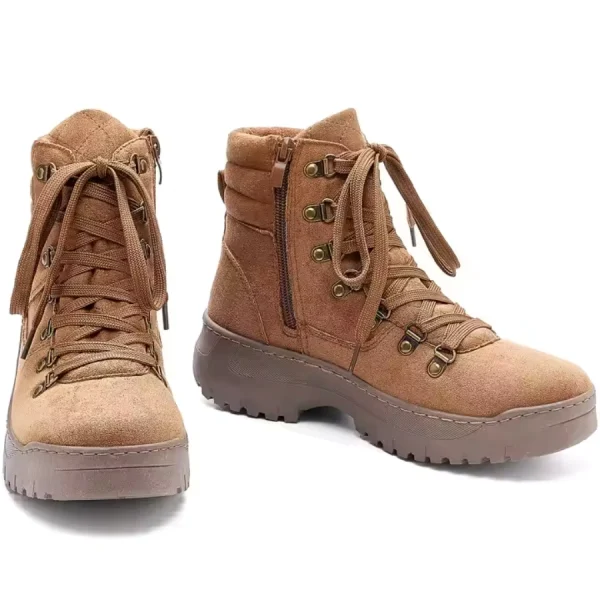 Lightweight faux suede lace-up ankle boots with thick rubber soles, side zippers, and metal eyelets shown on a white background—ideal for OEM/ODM customization. Casual style snow boots for women and men.