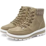 2025 Lightweight Hiking Boots: ladies’ fashion winter snow boots with platform heels, tan lace-up style, white soles, padded knit collars—custom logo available for OEM/ODM. Displayed on a white background.