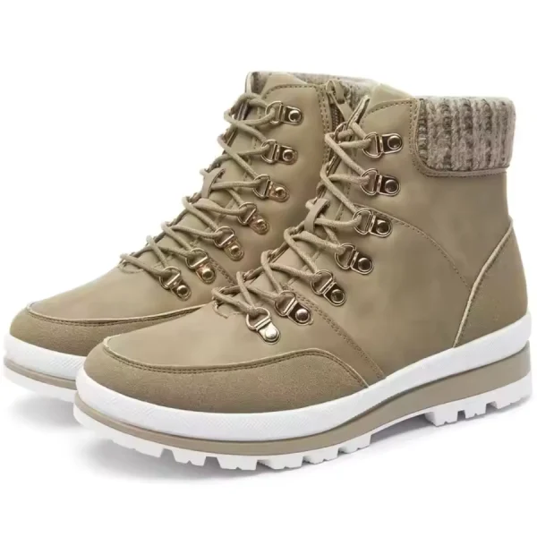 2025 Lightweight Hiking Boots: ladies’ fashion winter snow boots with platform heels, tan lace-up style, white soles, padded knit collars—custom logo available for OEM/ODM. Displayed on a white background.