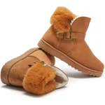 Warm Comfort Suede Faux Fur Ankle Snow Boots for women with rubber soles and buckle detail, suitable for indoor/outdoor wear—OEM/ODM customization available.