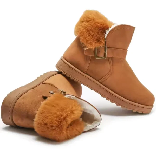 Warm Comfort Suede Faux Fur Ankle Snow Boots for women with rubber soles and buckle detail, suitable for indoor/outdoor wear—OEM/ODM customization available.