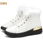 A pair of classic lace-up white women's winter snow ankle boots with faux fur trim, gold accents, black soles, and white laces, available for OEM/ODM customization. New arrivals for 2025.