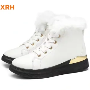 A pair of classic lace-up white women's winter snow ankle boots with faux fur trim, gold accents, black soles, and white laces, available for OEM/ODM customization. New arrivals for 2025.