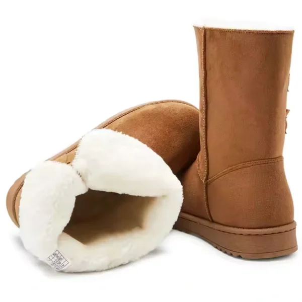 A pair of tan New Fashion Style Platform Snow Waterproof Outdoor Boots for Women 2024, featuring white faux fur lining and warm winter design—one boot stands upright, the other lies on its side to reveal the cozy interior.
