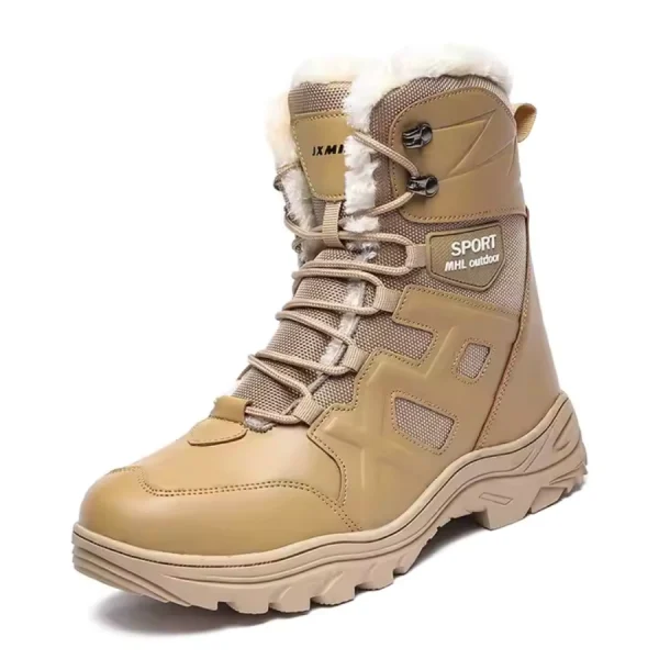 Tan high-top men's snow boots with thick tread, lace-up front, fur lining, and "SPORT MHL.outdoor" label. Ideal for winter outdoor use. Available for OEM and ODM. Wholesale customized new warm rubber shoes in large sizes.