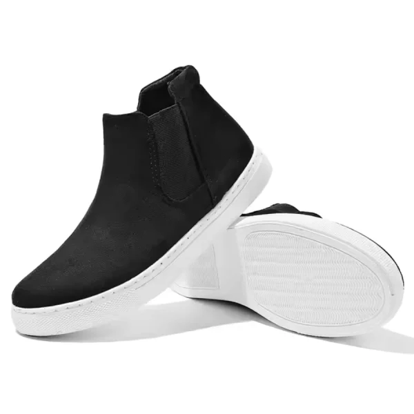 A pair of High Quality Microfiber Suede Slip-on Ankle Snow Boots for women, featuring non-slip flat soles—one upright, one on its side showing the sole—perfect for OEM or ODM customization.
