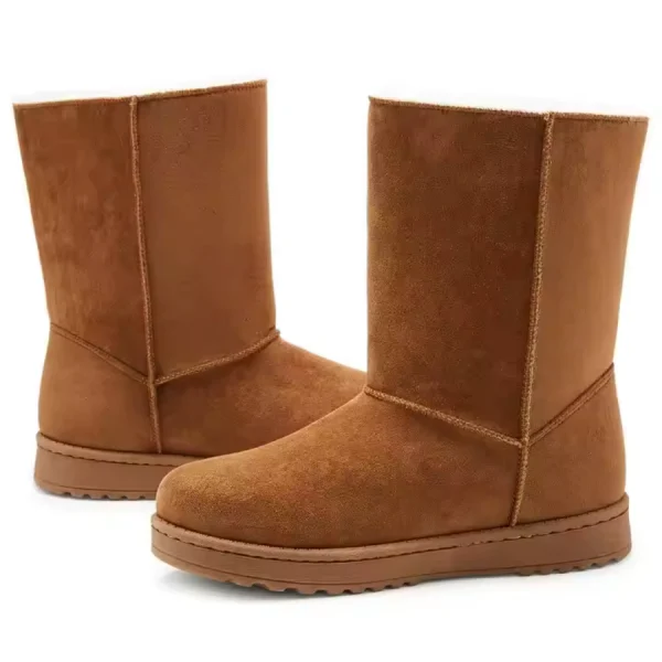 A pair of New Fashion Style Platform Snow Waterproof Outdoor Boots for Women—warm winter shoes with visible stitching, brown suede finish, and flat rubber soles, side by side on a white background; perfect for OEM ODM customization.