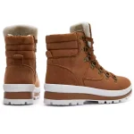 High top women’s snow ankle boots in brown suede with white soles, padded ankles, lace-up fronts, and metal eyelets. Shown from back and side on white background. Wholesale OEM & ODM customization available. Made in PRC with zipper; classic warm hiking style.