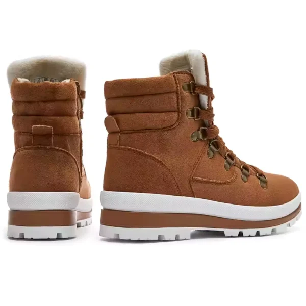 High top women’s snow ankle boots in brown suede with white soles, padded ankles, lace-up fronts, and metal eyelets. Shown from back and side on white background. Wholesale OEM & ODM customization available. Made in PRC with zipper; classic warm hiking style.