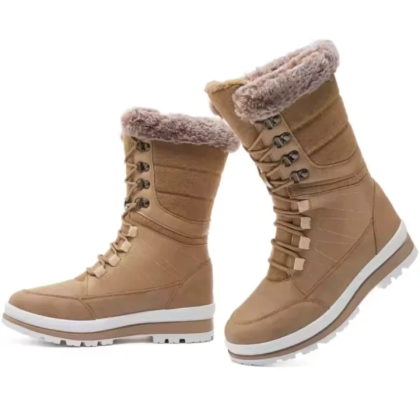 Winter Snow Boots—waterproof, platform, and warm for men and women—feature faux fur lining, lace-up fronts, white rubber soles; available for OEM and ODM customization.